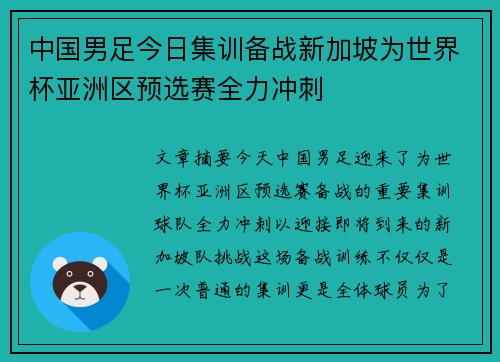 中国男足今日集训备战新加坡为世界杯亚洲区预选赛全力冲刺
