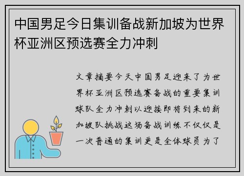 中国男足今日集训备战新加坡为世界杯亚洲区预选赛全力冲刺